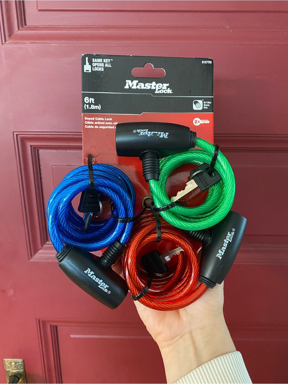 New! Masterlock set of 3 coiled cable locks with keys. Great for bikes!
